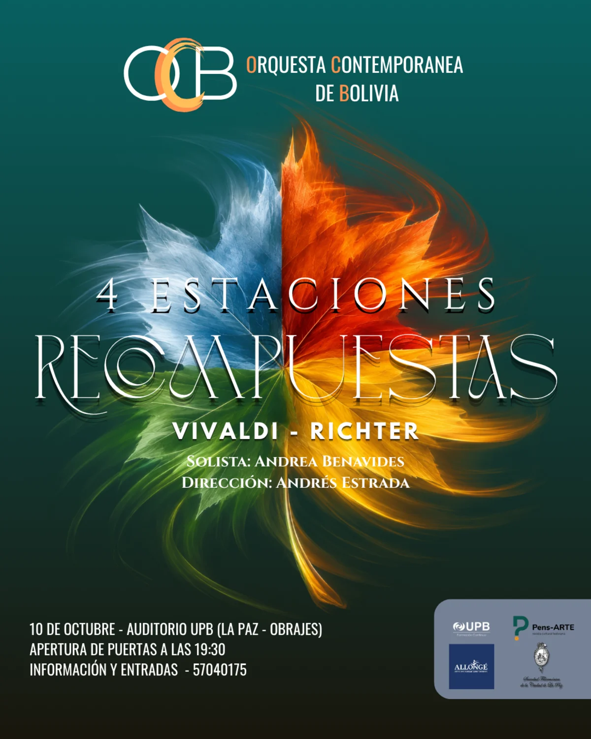 Afiche de 4 Estaciones Recompuestas, con Vivaldi y Richter, de la Orquesta Contemporánea de Bolivia