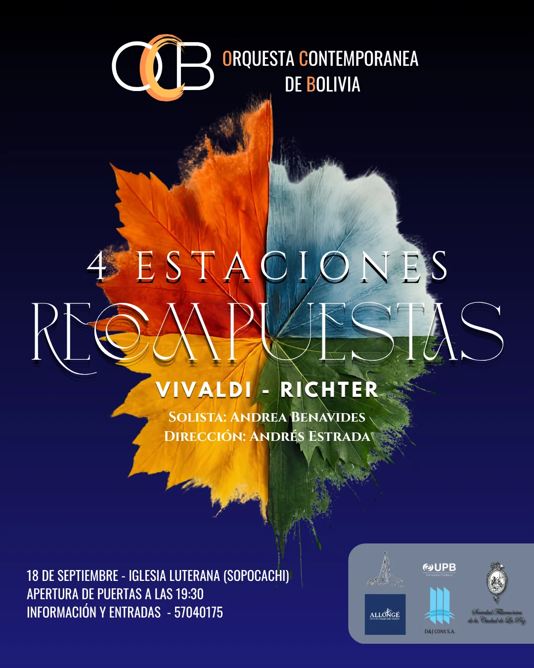 Afiche de 4 Estaciones Recompuestas, con Vivaldi y Richter, de la Orquesta Contemporánea de Bolivia